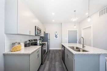 Neutral grey color scheme with modern cabinetry